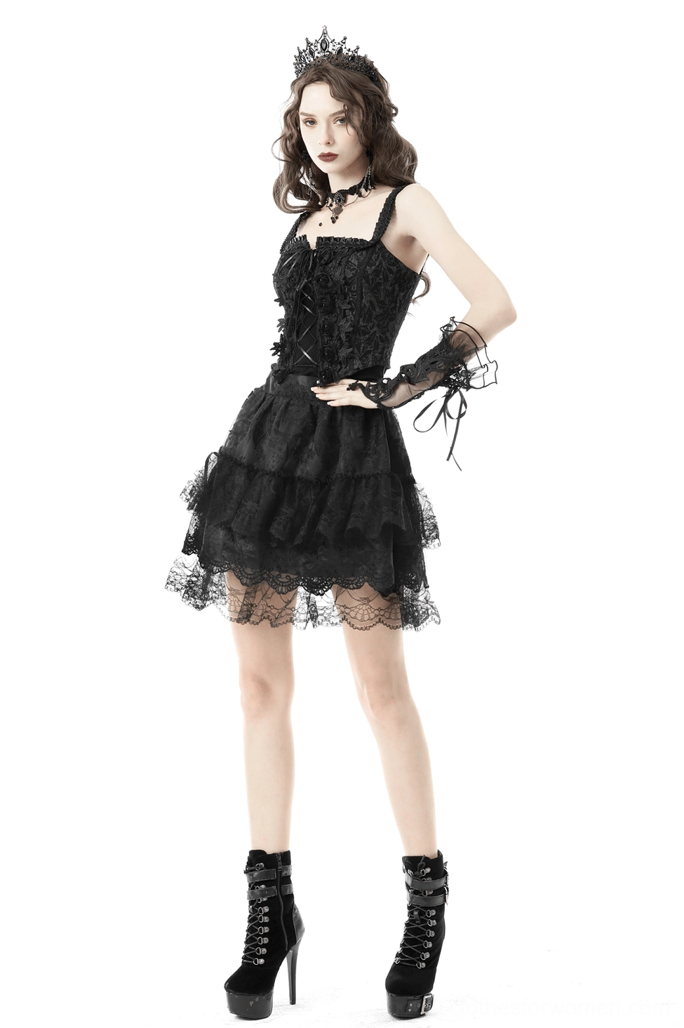Black lace-up gothic corset styled product photography showing overall fit and aesthetic with dark romantic styling