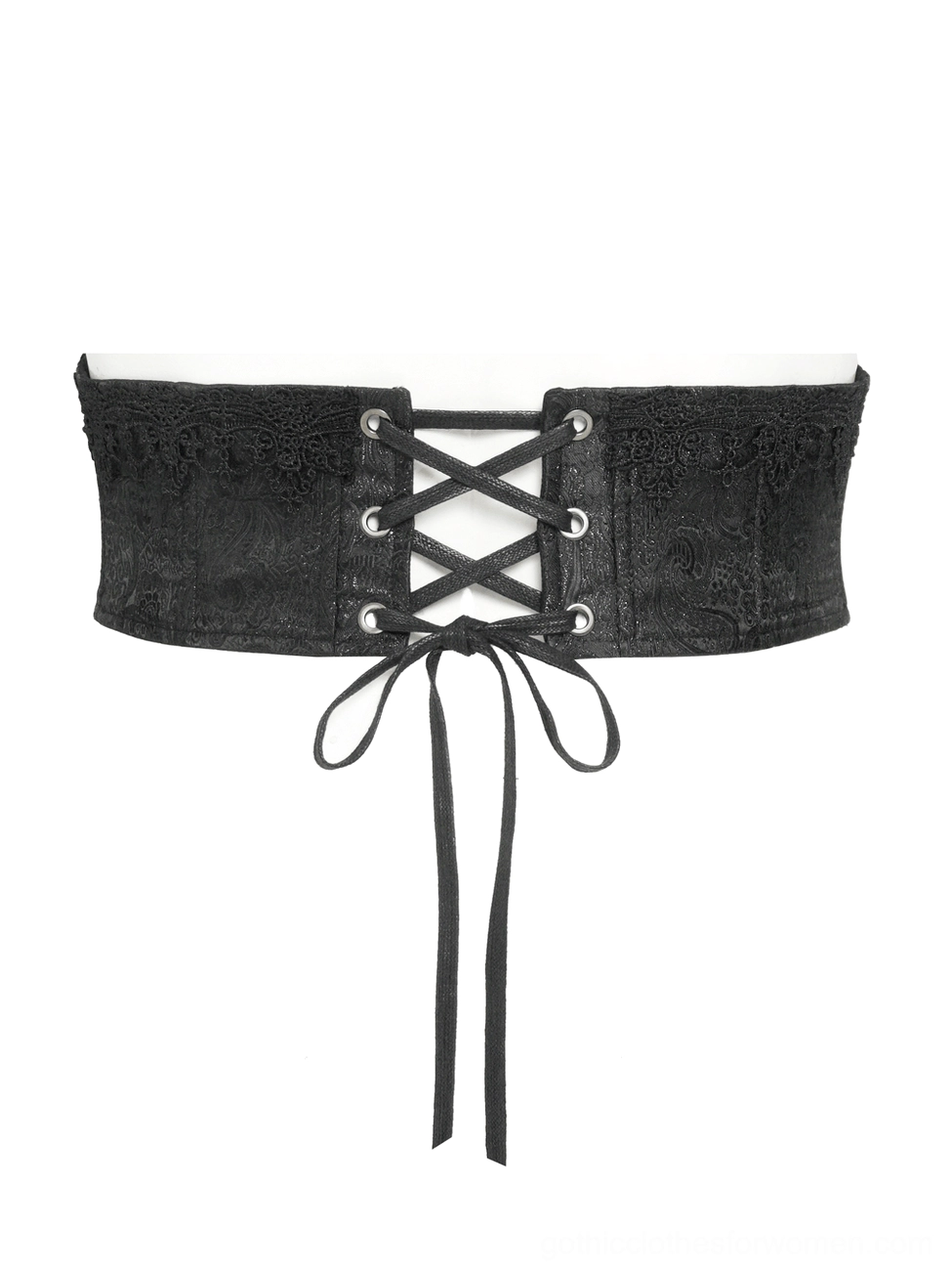 Angled flat lay of black gothic corset belt displaying embossed texture and cross and stud embellishments