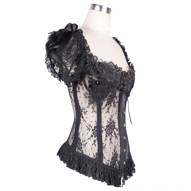 Black gothic lace corset three-quarter view on dress form, showing feather-trimmed sleeves, floral lace, and ruffled hem