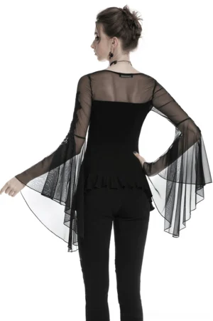 Gothic lace-up top back view showing sheer flare mesh sleeves and ruffled hem detail