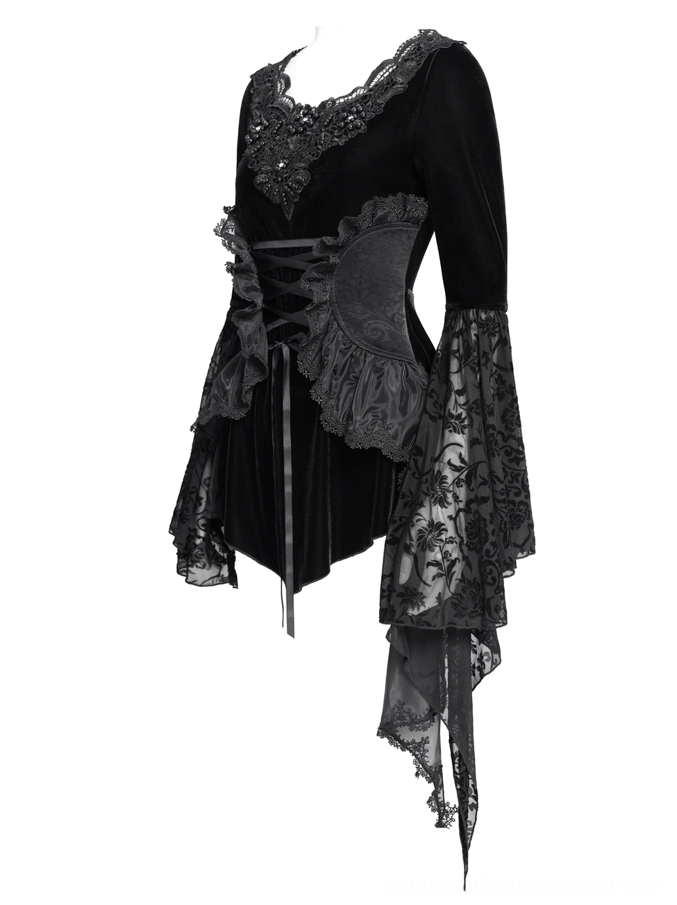 Black velvet gothic corset top showing side corset design and structured bodice