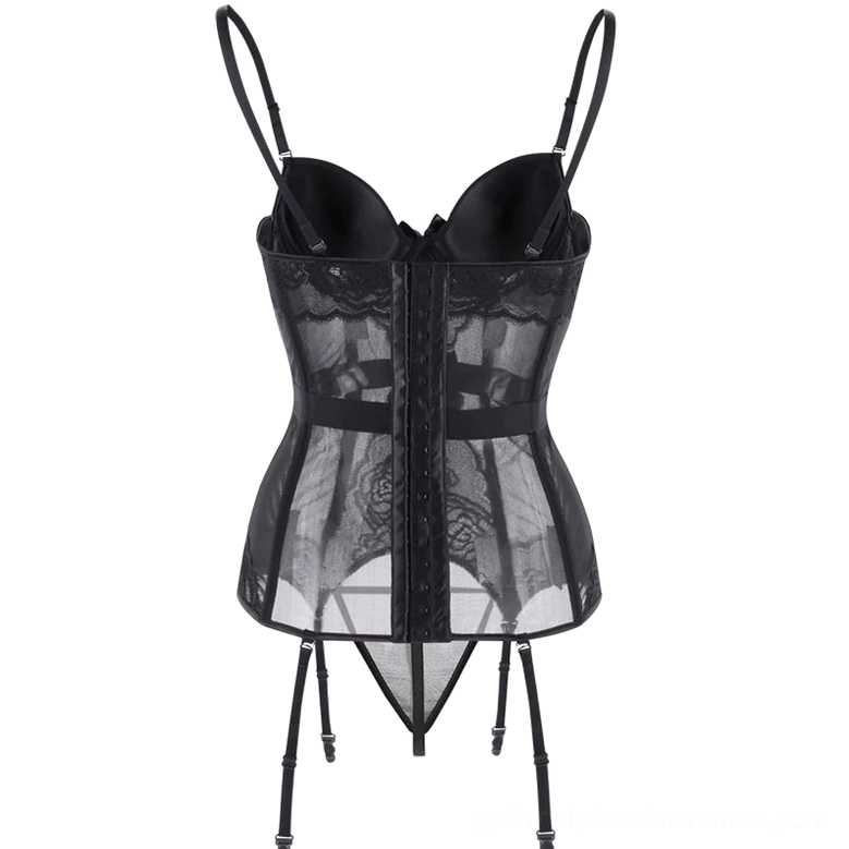 Black transparent gothic corset lingerie with back zipper closure and sheer mesh fabric, rear flat lay view
