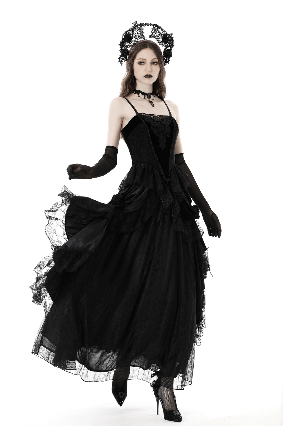 Black gothic corset top showing velvet bodice construction and lace layers
