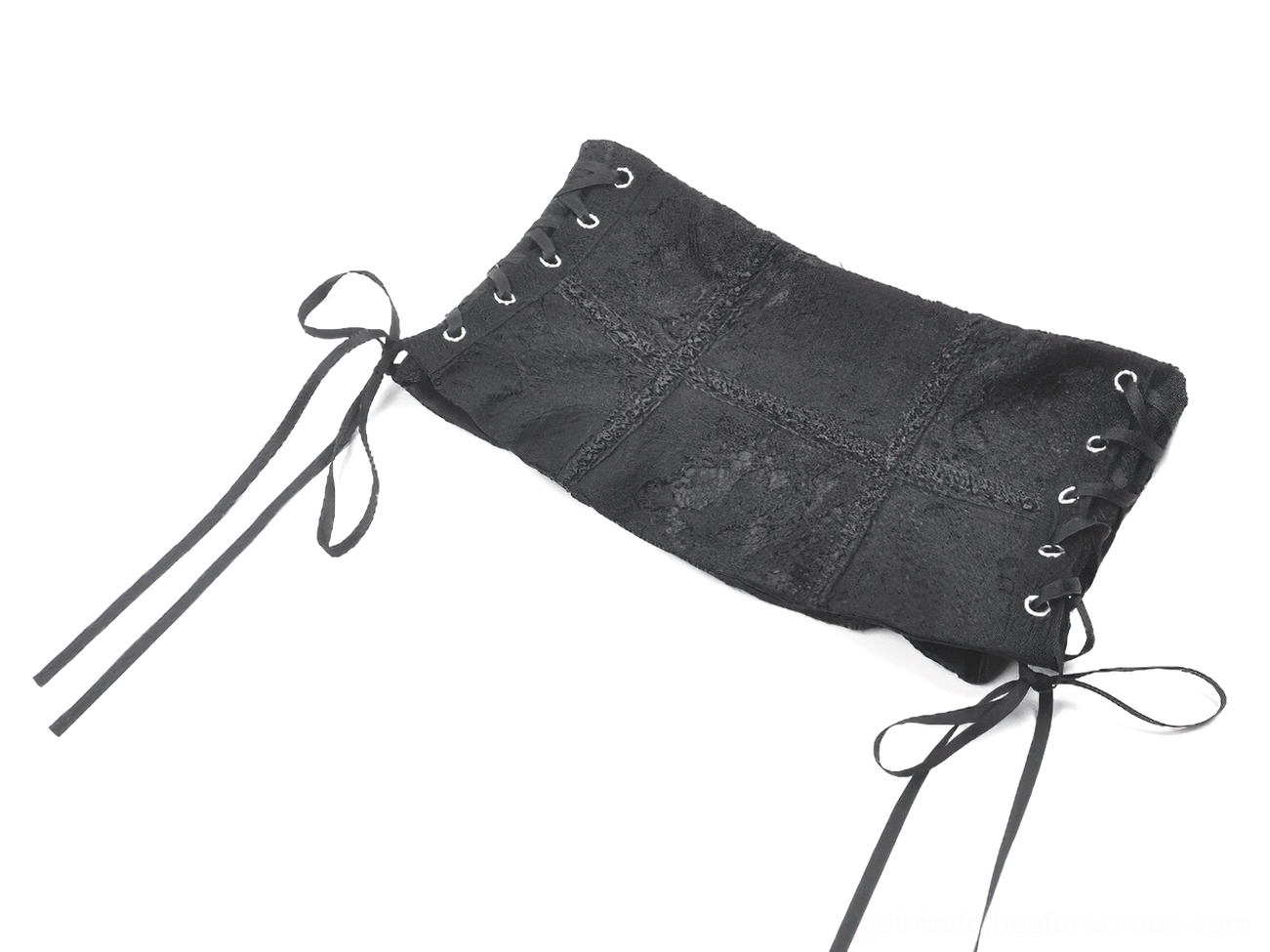 Black gothic lace-up corset belt detail shot of metal zipper closure and satin ribbon