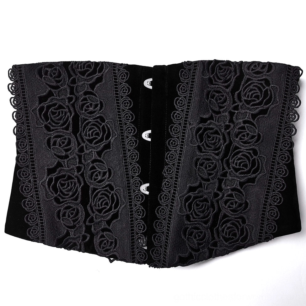 Pair of black gothic corsets with intricate rose lace embroidery, scalloped lace edges, and front hook fasteners