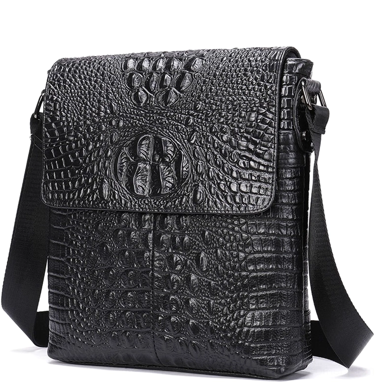 Black crocodile embossed leather bag three-quarter view showing structured flap and logo