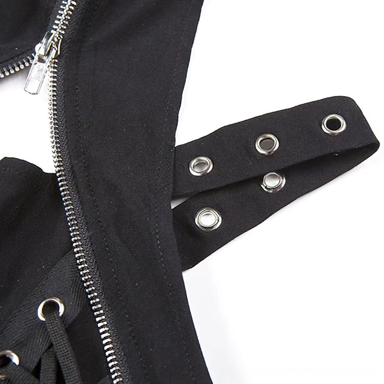 Black gothic crop corset tank top with rivet-studded halter straps, showcasing industrial aesthetic and premium polyester fabric construction
