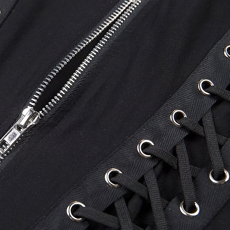 Black gothic crop corset tank top with emphasis on side lace-up construction and rivet placement, showing premium craftsmanship