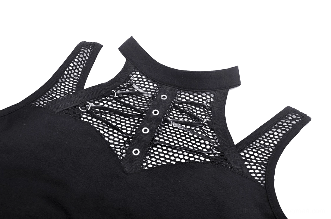 Close-up of halter neck and lace-up mesh front, metal eyelets and adjustable straps detail