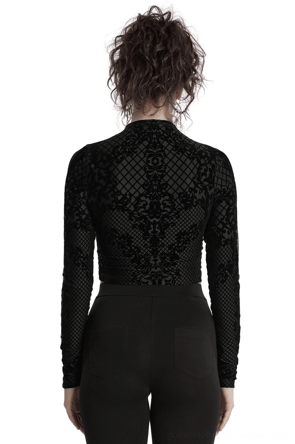 Gothic mesh crop jacket back view, displaying long flocked sleeves and slim-fitting silhouette