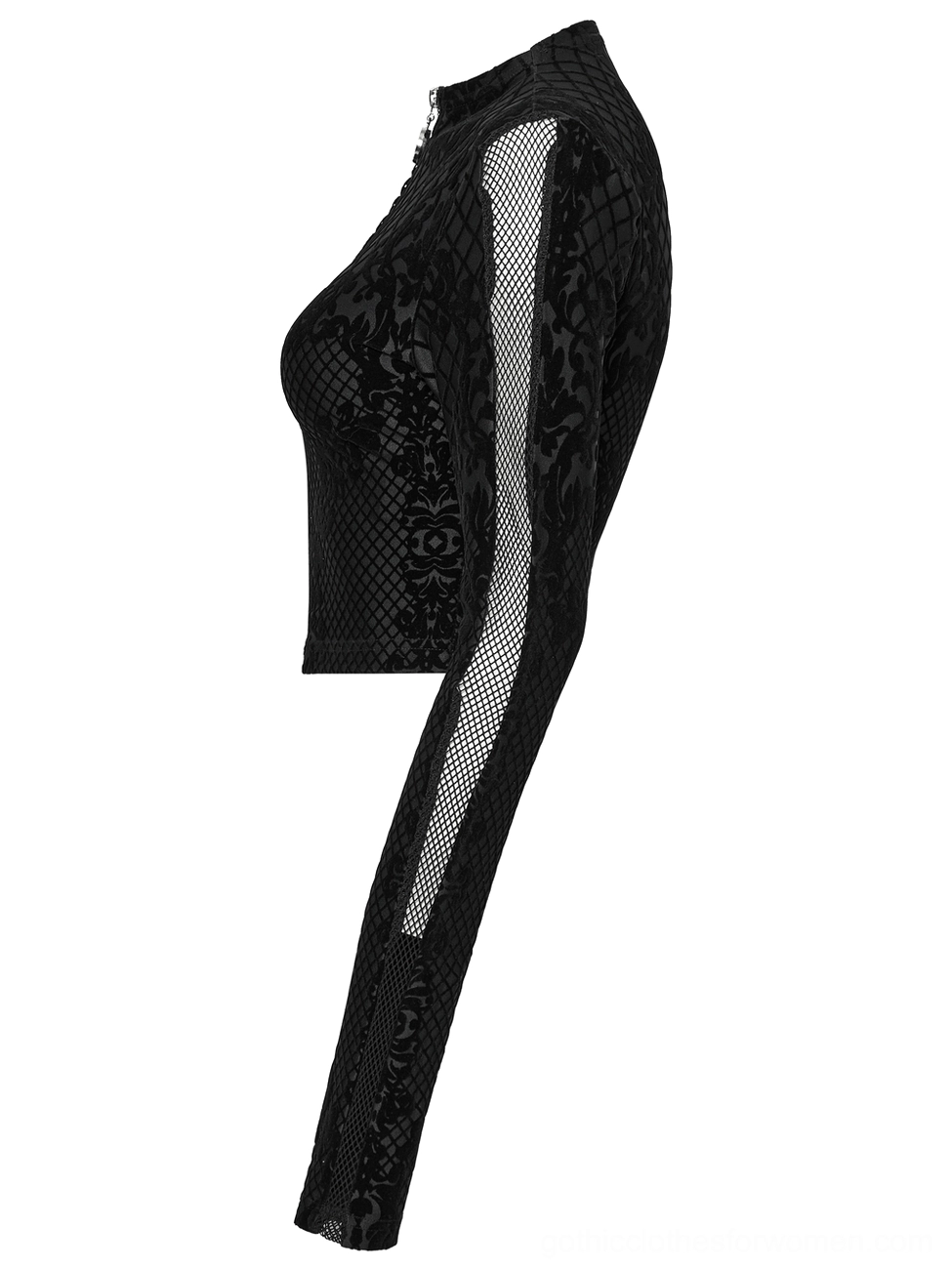 Gothic mesh crop jacket side view flat lay, highlighting mesh panel sleeve and slim cut construction