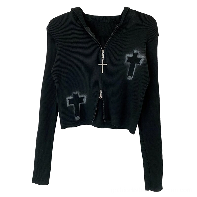 Black gothic crop sweater flat lay front view, showing dual zipper hooded design and cross print details