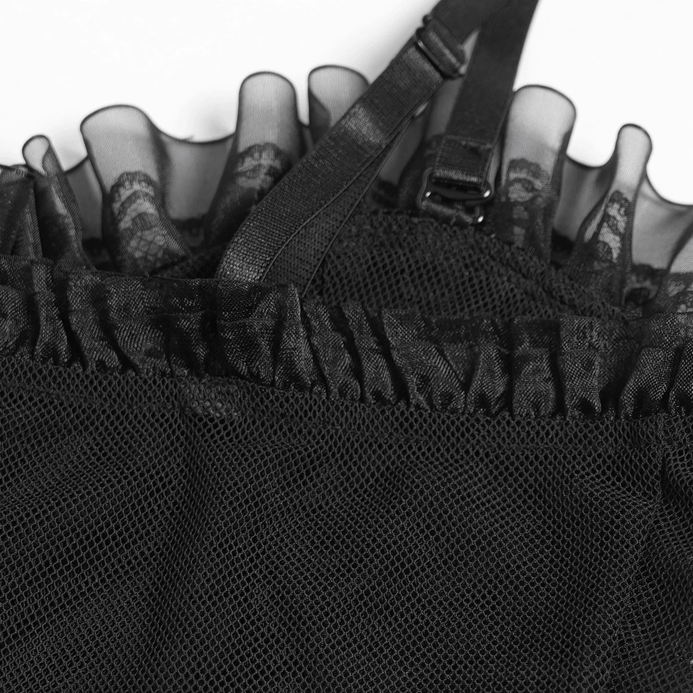 Black gothic crop top back angle view showing mesh overlay construction and ruffle hem layering