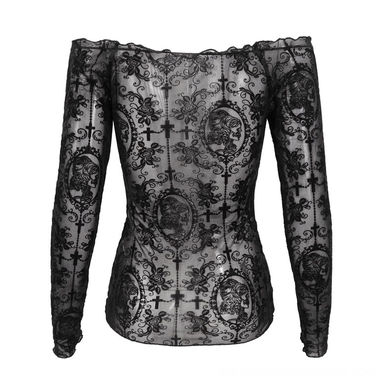 Back flat view of gothic lace crop top, vintage embroidered pattern with fitted long sleeves