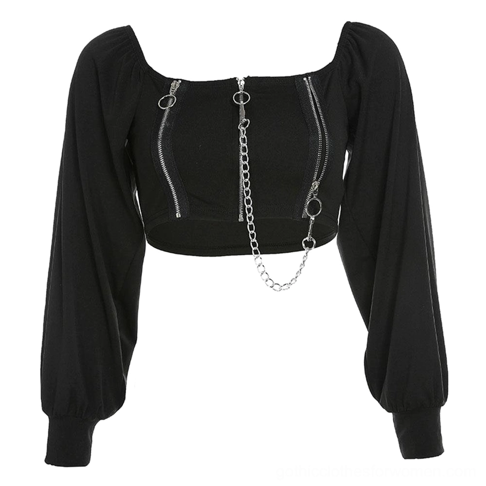 Black gothic crop top back view on mannequin with square neckline detail