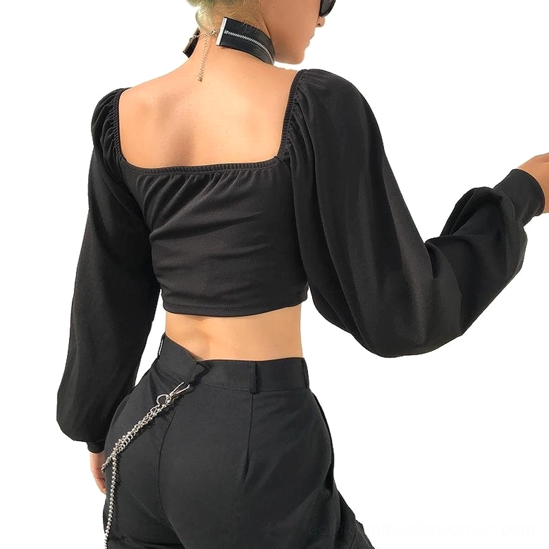 Black gothic crop top back view showing square neckline and chain waist detail