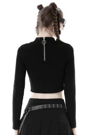 Gothic crop top back view showing mock neck, metal back zipper with O-ring pull, and long sleeves