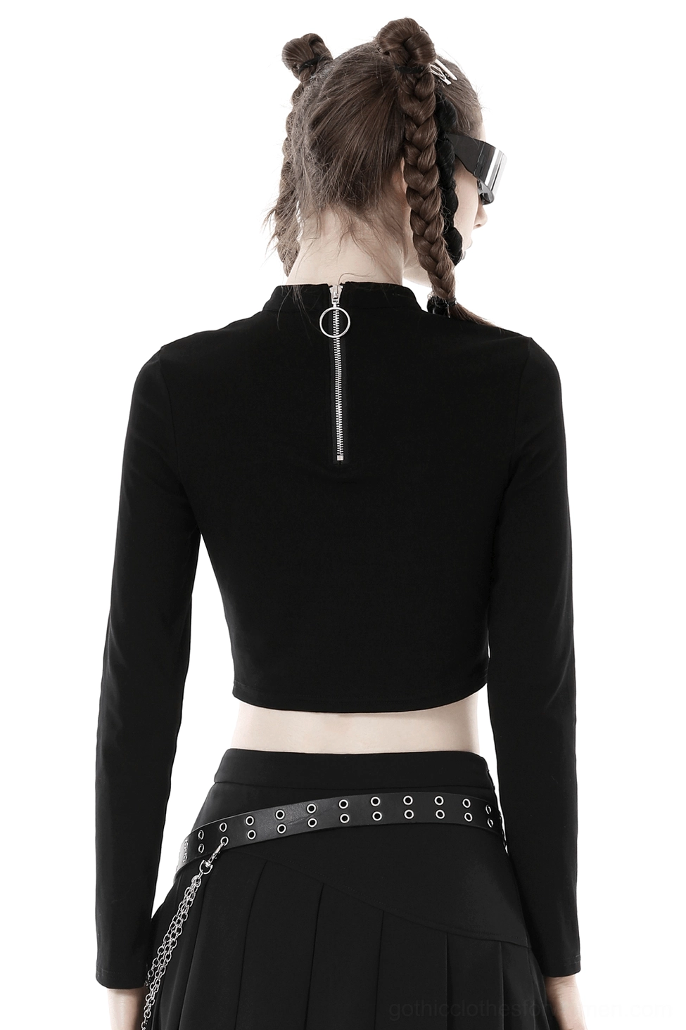 Gothic crop top back view showing mock neck, metal back zipper with O-ring pull, and long sleeves