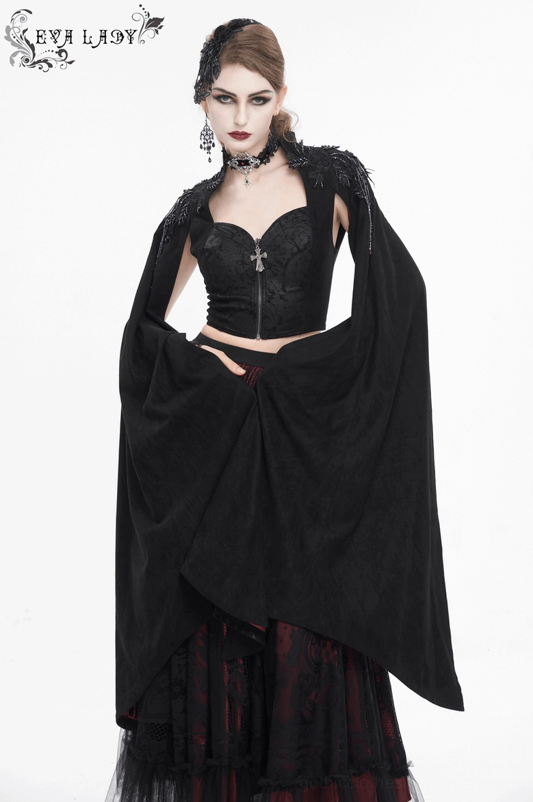 Alternative view of black gothic crop top with beaded embroidery on shoulders and structured fit