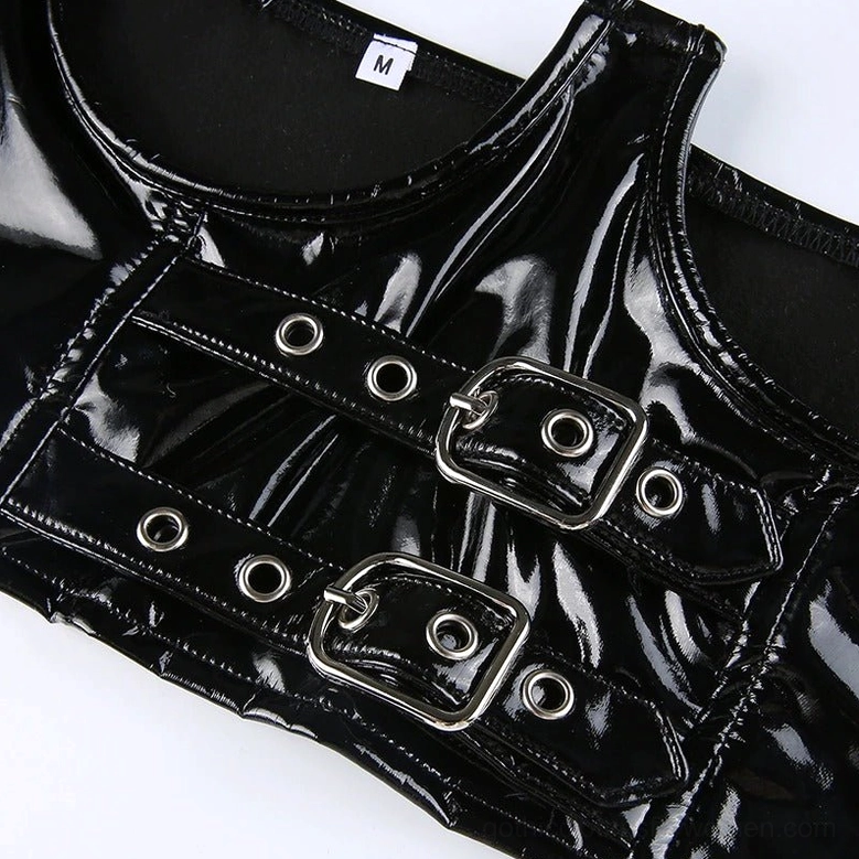 Close-up detail shot of black PU leather gothic crop top hardware, showing silver dual buckles and metal eyelets