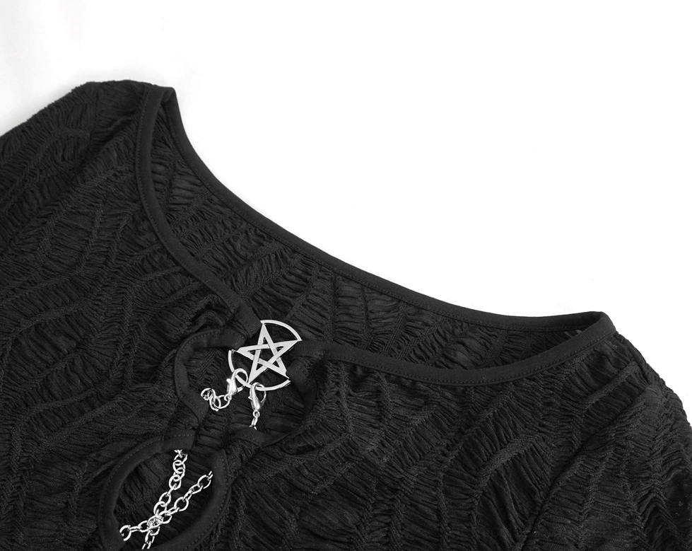 Close-up of gothic crop top collar detail with embossed knit, silver pentagram chain accents, and decorative ring hardware