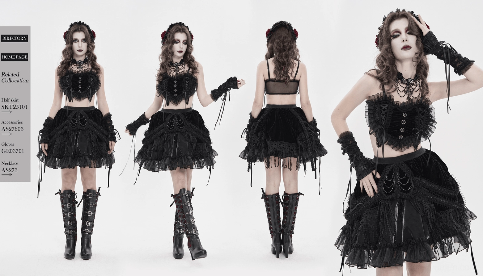 Black gothic lace crop top lifestyle image featuring model in complete goth ensemble with accessories and styling inspiration