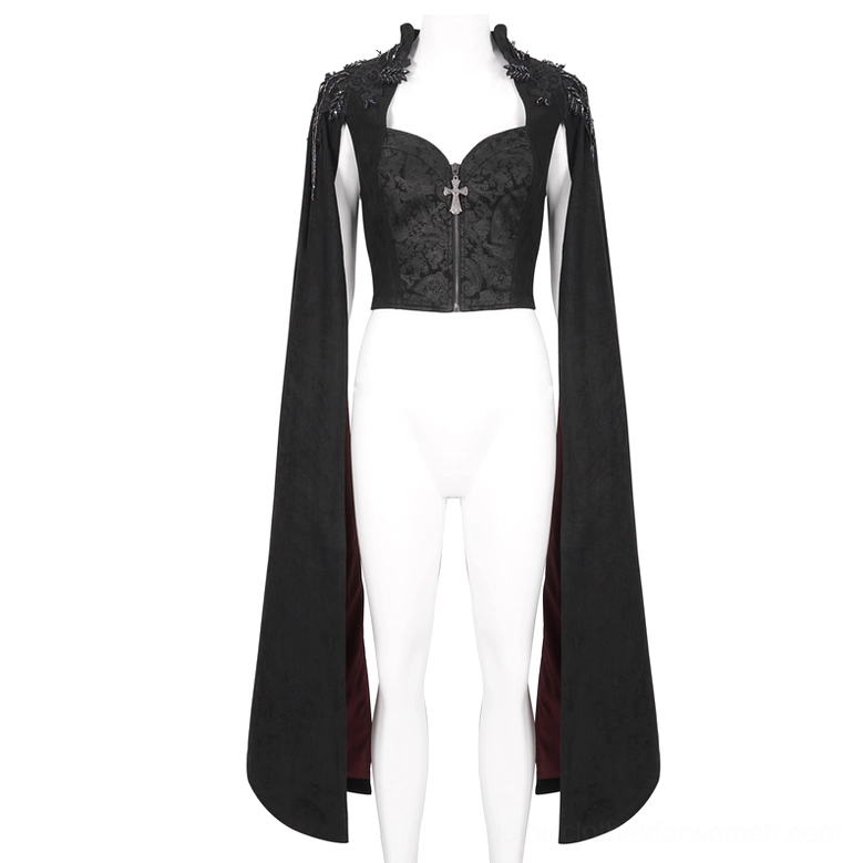 Black gothic embroidered crop top with cross zipper closure, displayed on white mannequin front view