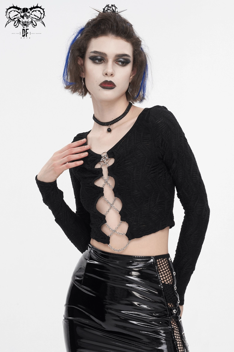 Gothic crop top product detail shot showing cut-out design, chain hardware, and textured knit construction