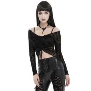 Black off-shoulder gothic lace crop top with front drawstring detail, front view on model with goth styling