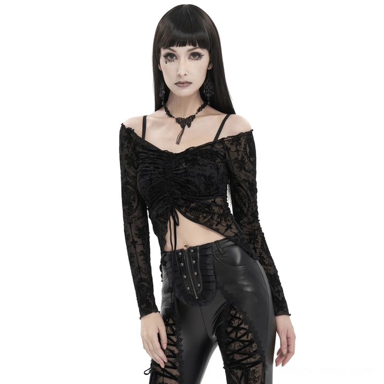Black off-shoulder gothic lace crop top with front drawstring detail, front view on model with goth styling