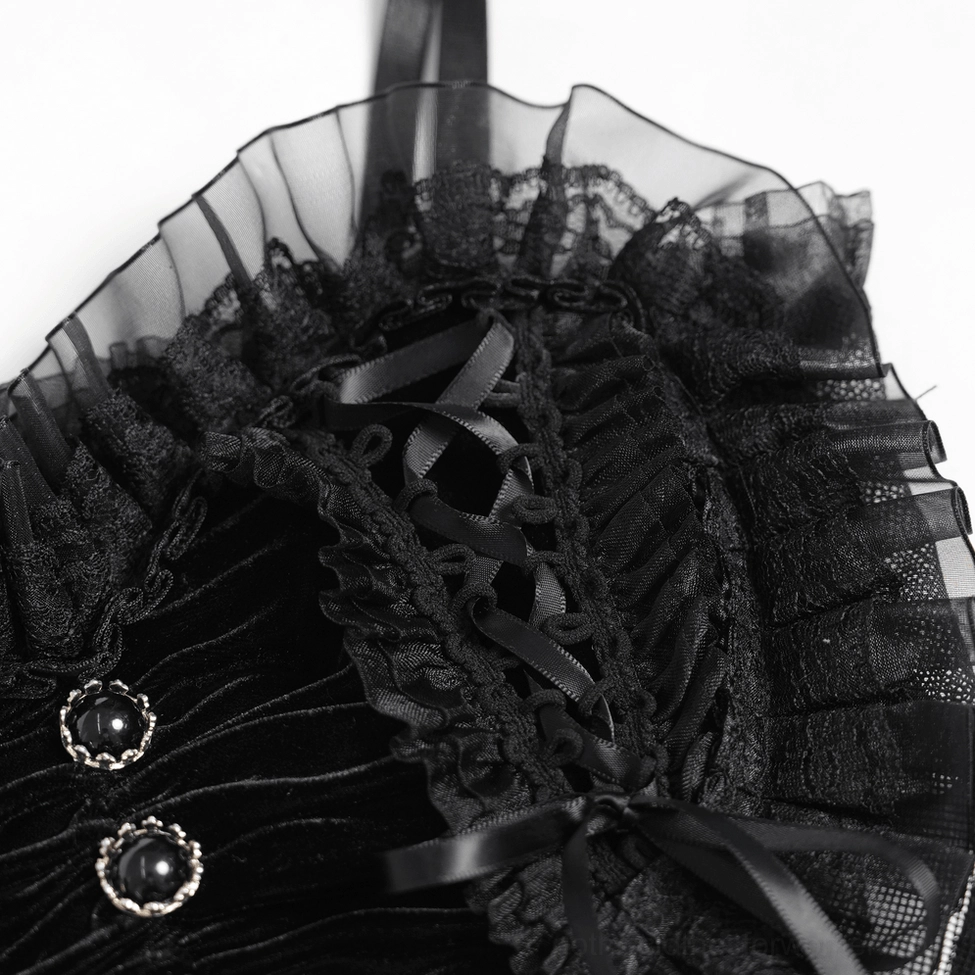 Black gothic lace crop top fabric detail close-up showing polyamide-polyester blend and ruffle trim construction