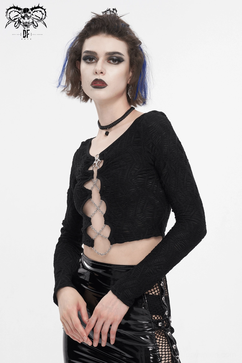 Black chain lace-up crop top fashion photography showcasing sensual gothic aesthetic and silhouette