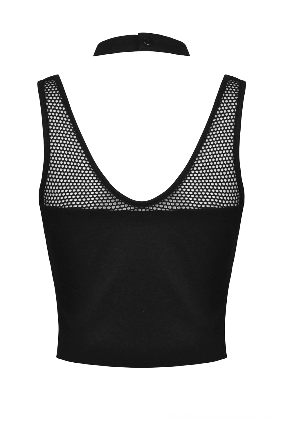 Black gothic crop top flat lay back view, mesh ribcage cutout and U-shaped back panel