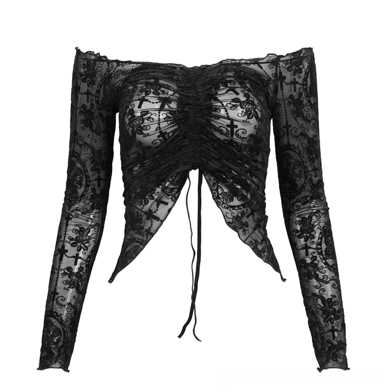 Black gothic crop top flat lay front view, embroidered cross floral lace pattern with front drawstring