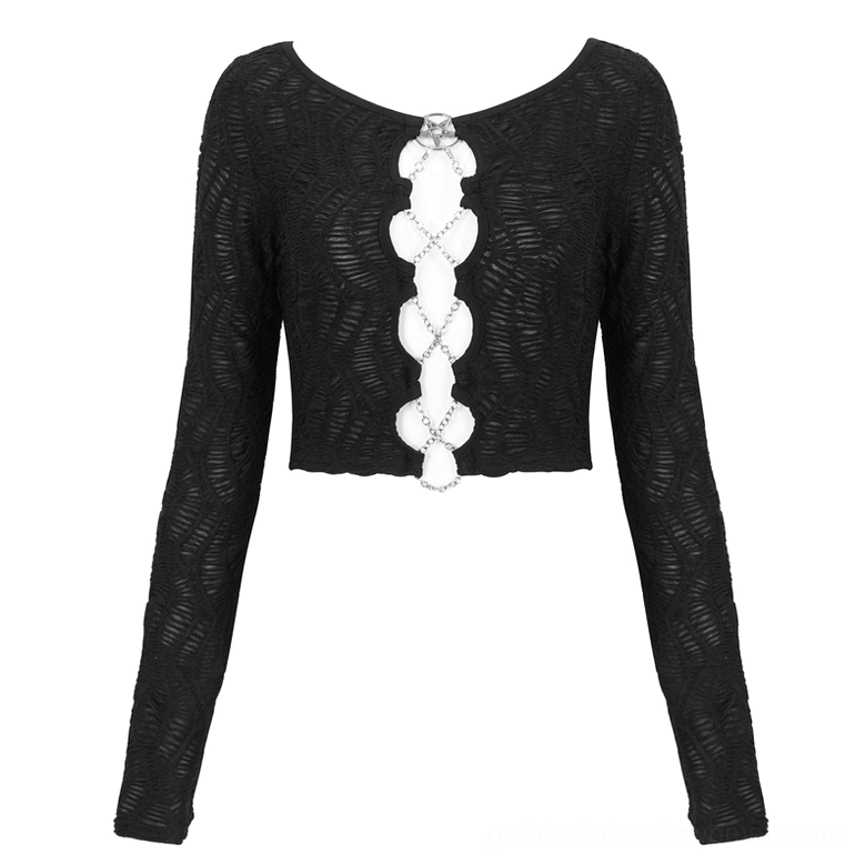 Black gothic crop top flat lay front view, pentagram chain lace-up design with wavy textured knit fabric
