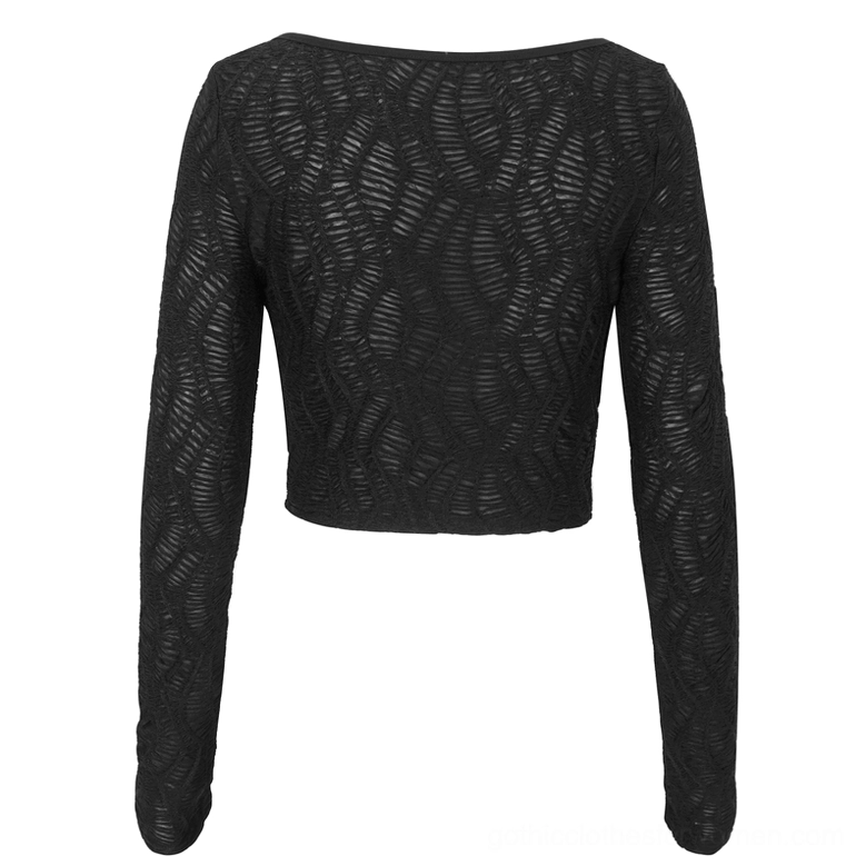 Black gothic crop top rear flat lay view, displaying wavy textured knit, crew neck back, and fitted sleeve construction