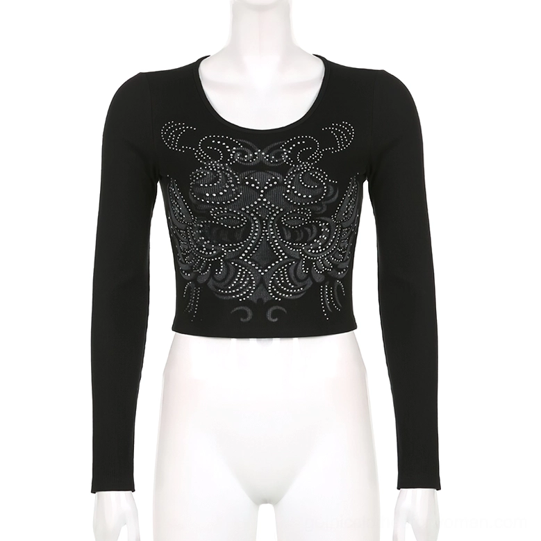 Black gothic crop top front mannequin display, crew neck o-neck collar, rhinestone geometric embellishment, cropped waist design