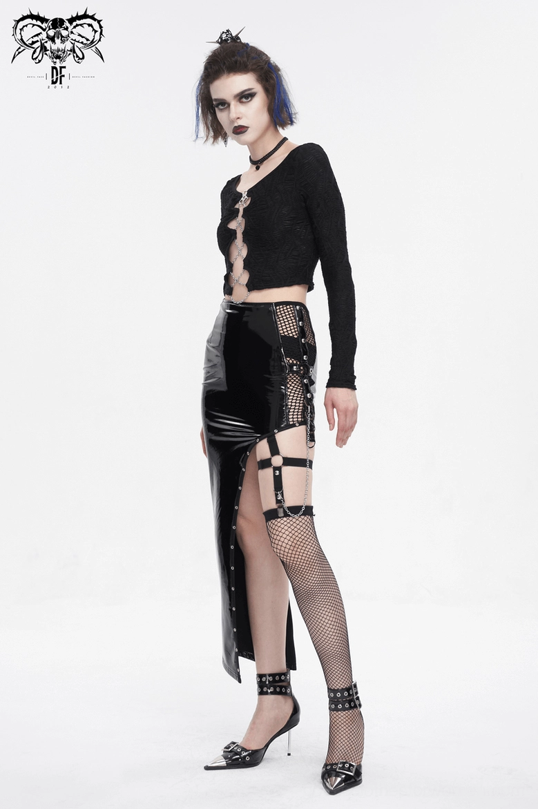 Gothic crop top full front view showing pentagram chain lace-up system, strategic cut-outs, and textured knit