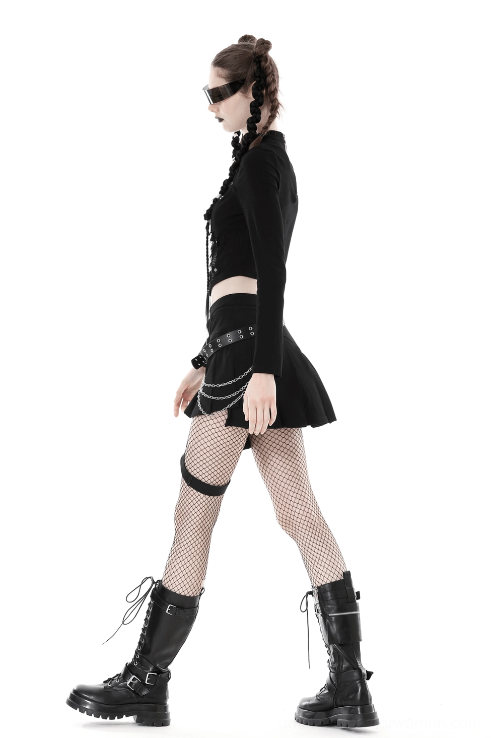Black gothic crop top showcasing full design with cutout, mesh panels, and long sleeve construction