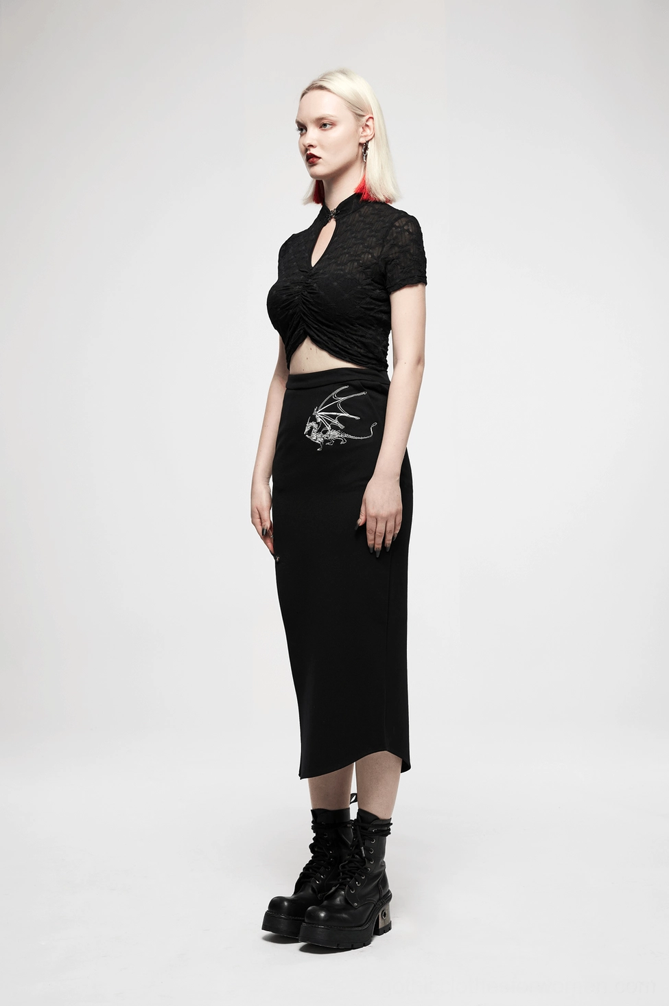 Black sheer lace gothic crop top full-body styling view, featuring keyhole neckline with ornate knot buckle and cropped silhouette on model
