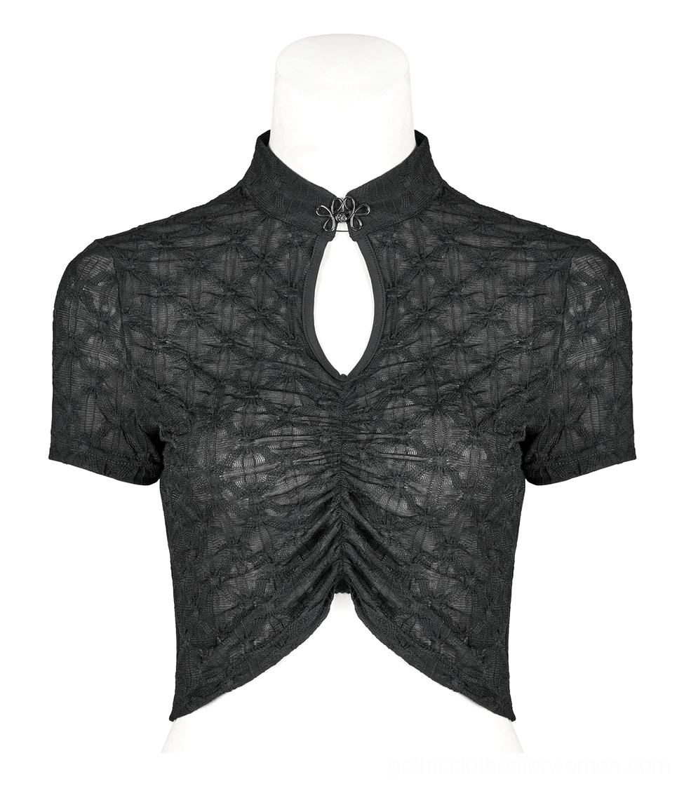 Black gothic crop top front detail on mannequin, highlighting keyhole cutout at stand collar with decorative metal knot buckle and ruched lace fabric