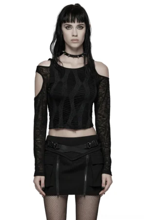 Black gothic cold-shoulder crop top with lace hollow sleeves, front view showing irregular hollow-out cutouts and fitted silhouette on female model