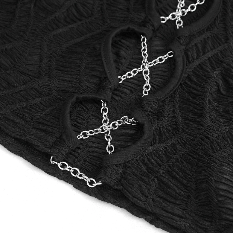Detailed view of black crop top front chain lace-up system, cross-shaped silver chains with cut-out fabric rings