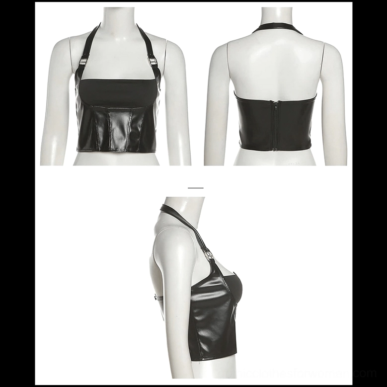 Black gothic halter crop top on mannequin display showing front, back, and side product angles with zipper closure and halter strap construction