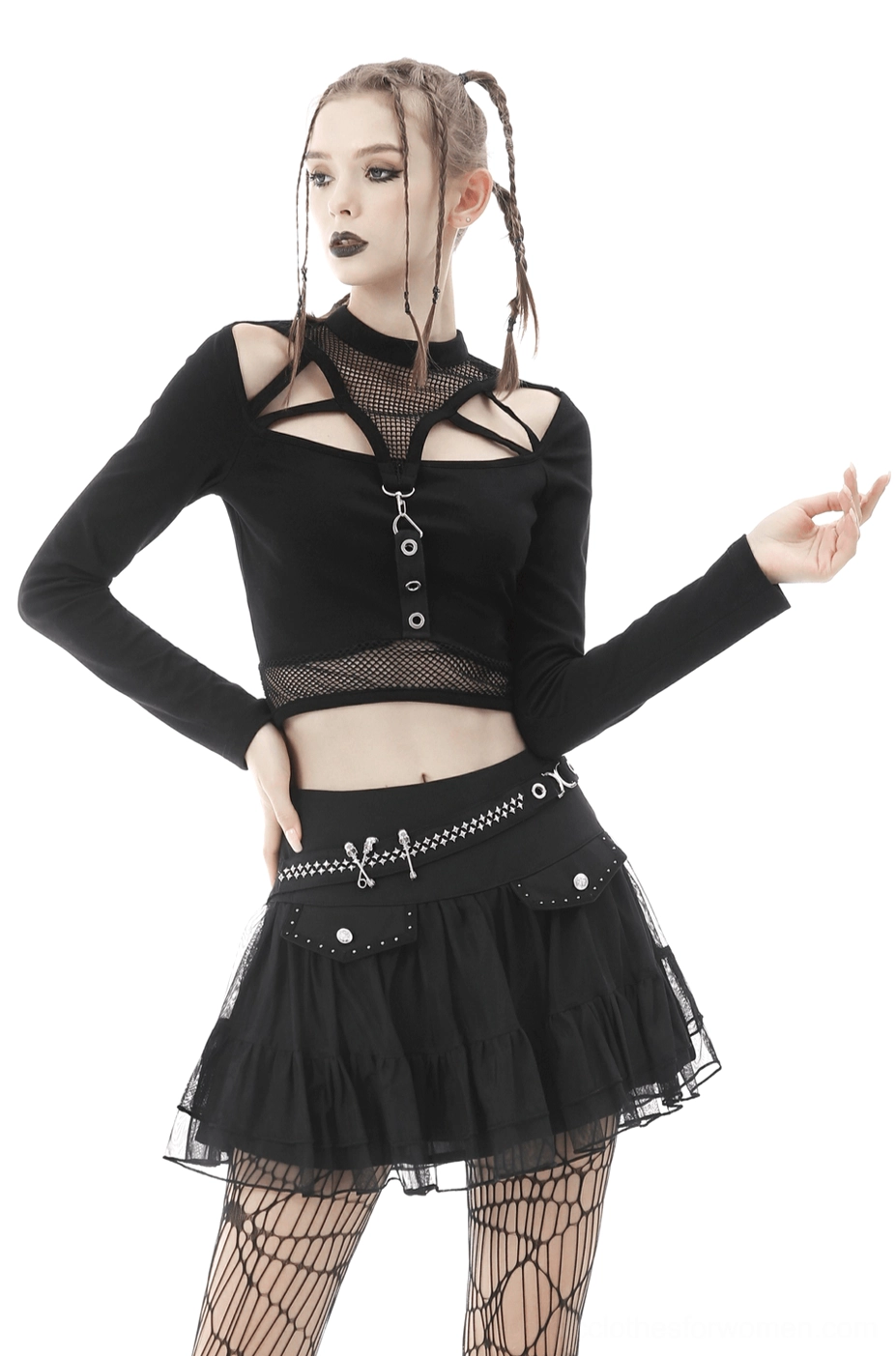 Black gothic crop top with mesh chest panel and O-ring fasteners styled with mini skirt, front full-body view on model