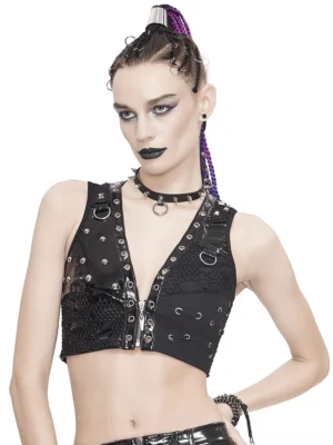 Black synthetic leather crop top with mesh panels and metal rivets - front view on model with V-neck zipper and pyramid studs