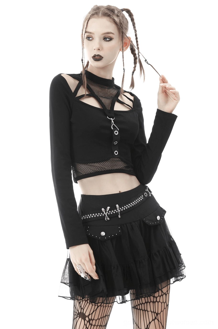 Black gothic crop top with mesh panels and straps, full garment styling showcase