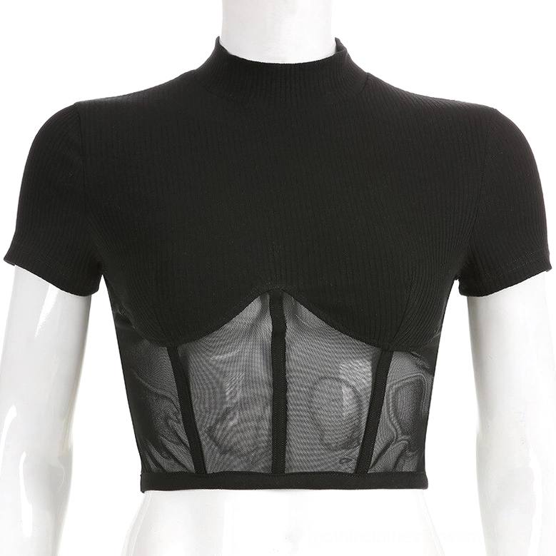Black gothic crop top with mock neck and structured sheer mesh panel, three-quarter view