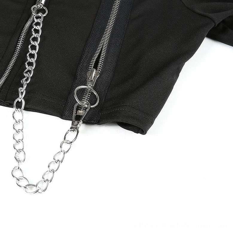 Black gothic crop top showing off-shoulder neckline and zipper chain elements