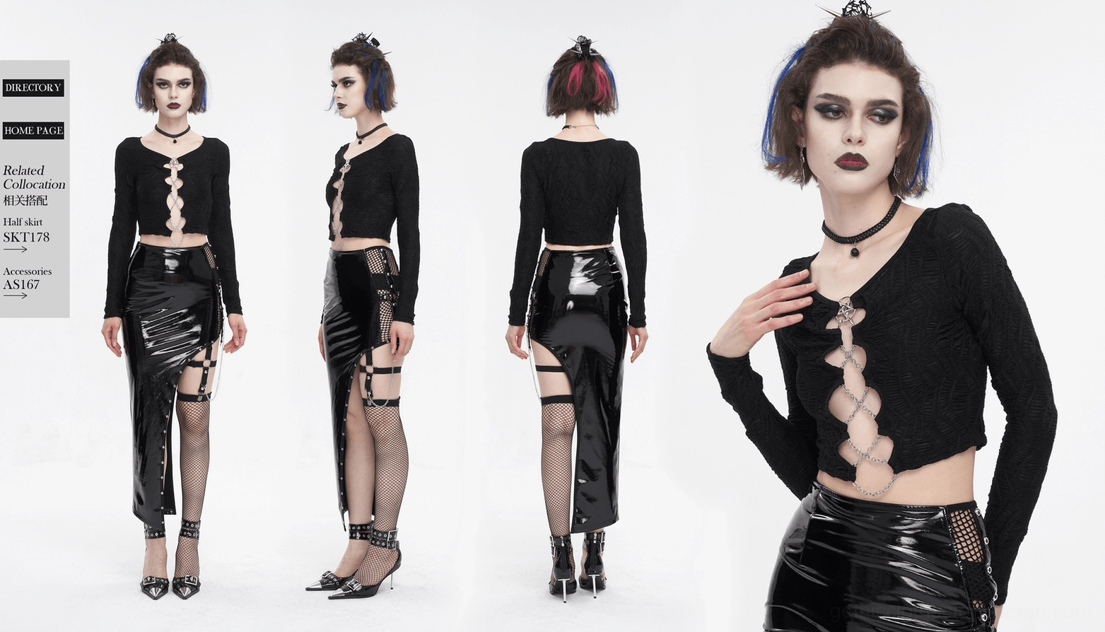 Gothic crop top product showcase, black textured knit with chain lace-up details and long fitted sleeves